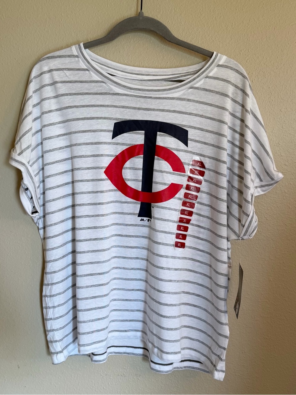 MN Twins Baseball T-shirt.  White Striped Short Sleeve Tee with Red & Navy Logo